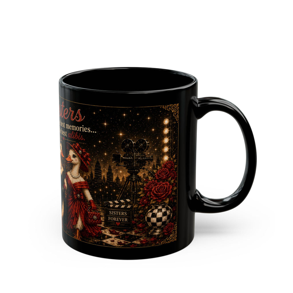 Sisters Illustration Mug | Vintage Theater Style Black Ceramic Coffee Cup