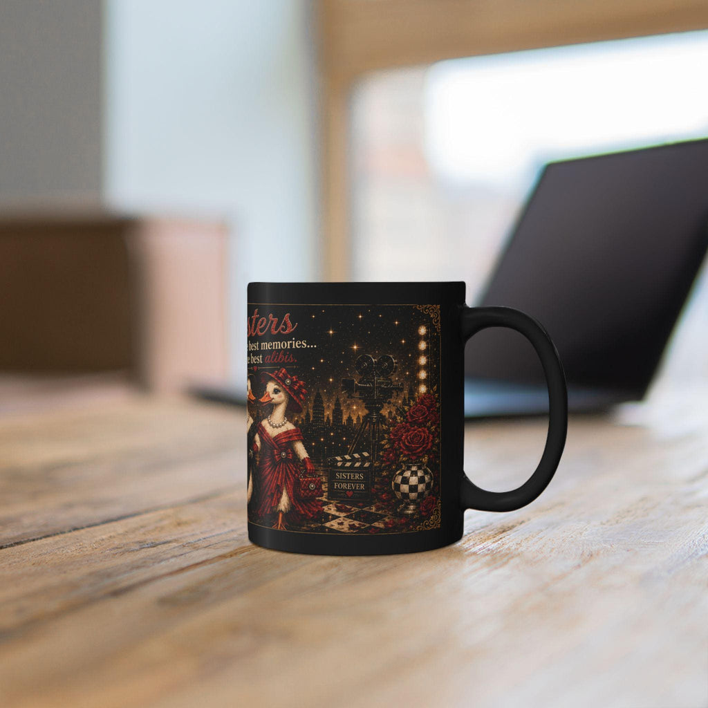 Sisters Illustration Mug | Vintage Theater Style Black Ceramic Coffee Cup