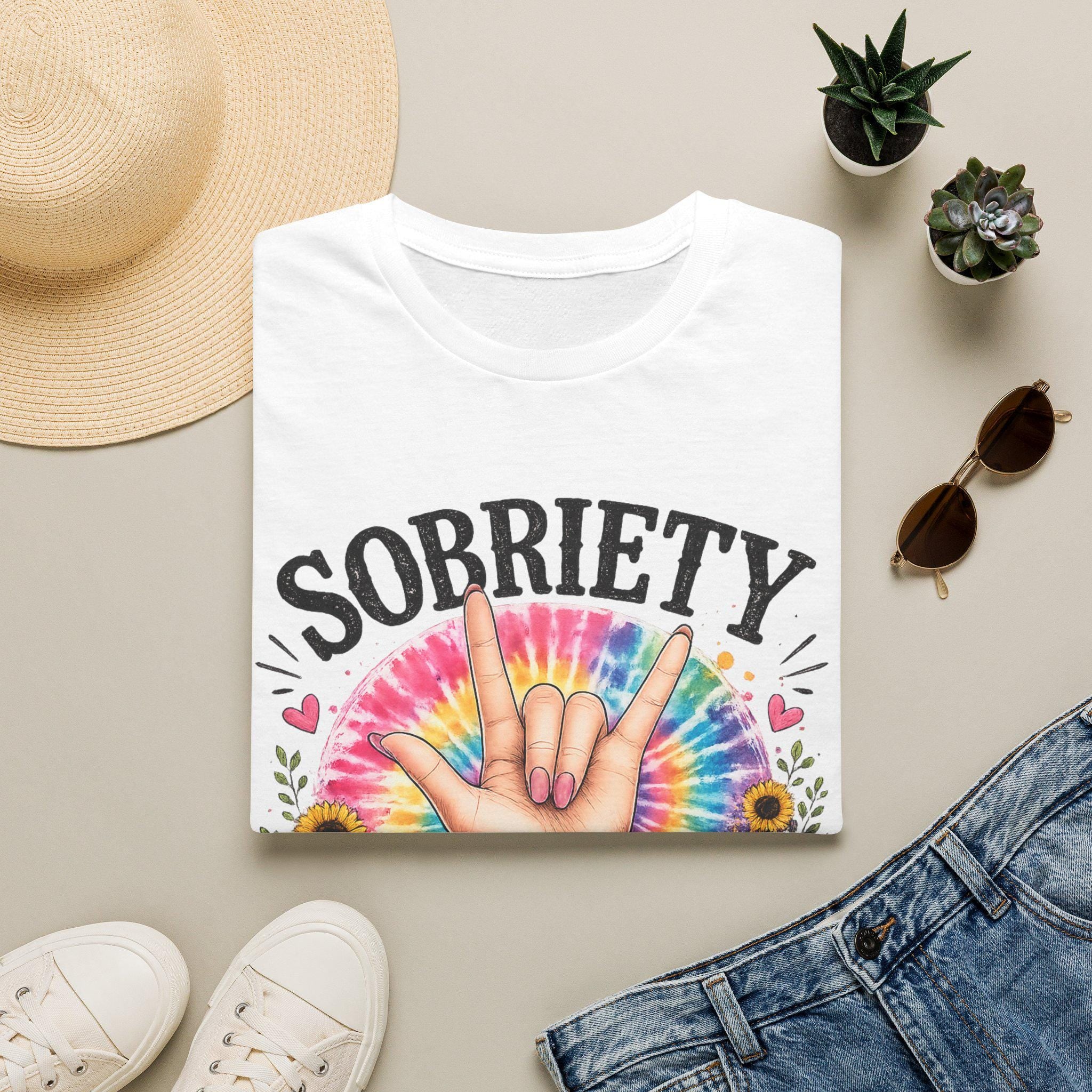 Sobriety Hand Sign T-Shirt | Tie Dye Sunflower Design