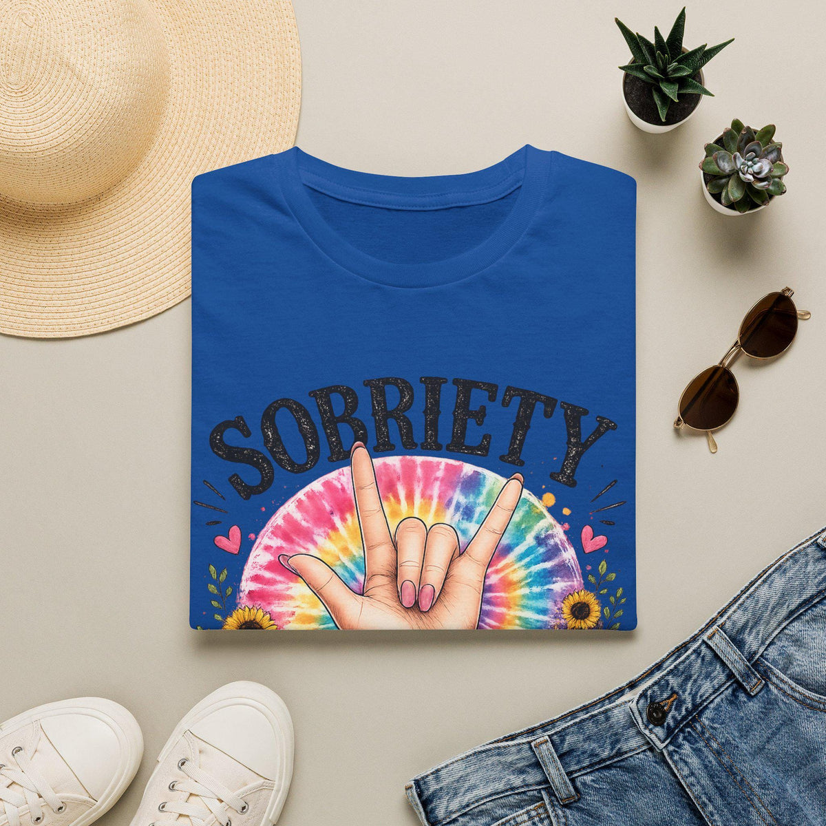 Sobriety Hand Sign T-Shirt | Tie Dye Sunflower Design