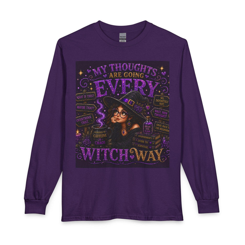 My Thoughts Are Going Every Witch Way Long Sleeve Shirt | Halloween Witch Illustration