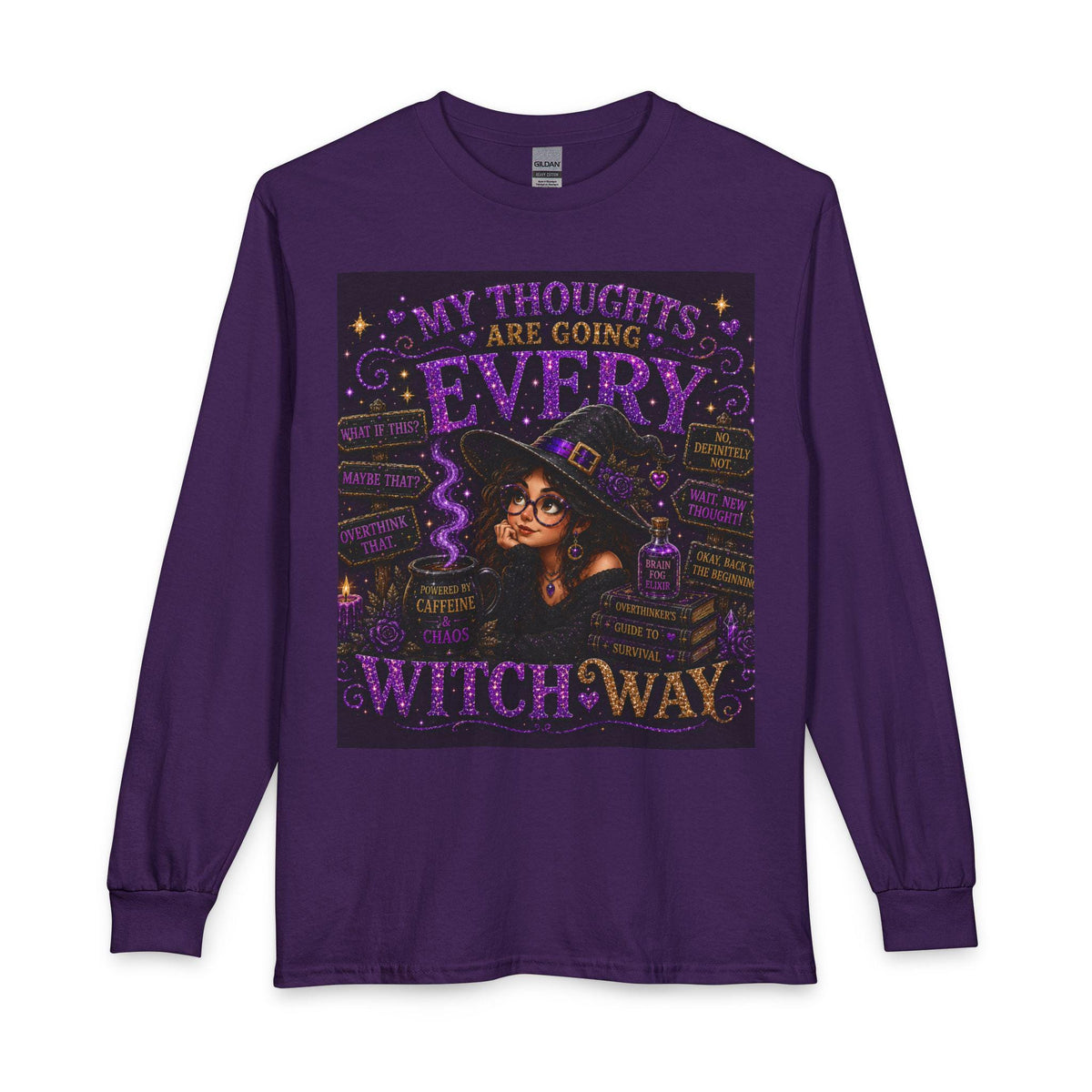 My Thoughts Are Going Every Witch Way Long Sleeve Shirt | Halloween Witch Illustration