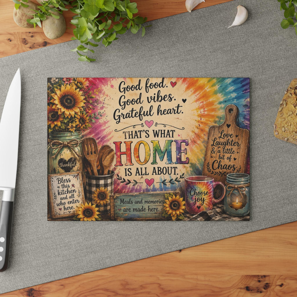 Grateful Heart Home design Glass Cutting Board | Sunflowers, Tie-Dye, Kitchen Decor