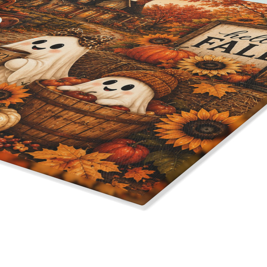 Fall Ghost Scene Glass Cutting Board | Autumn Pumpkins, Sunflowers, Vintage Truck