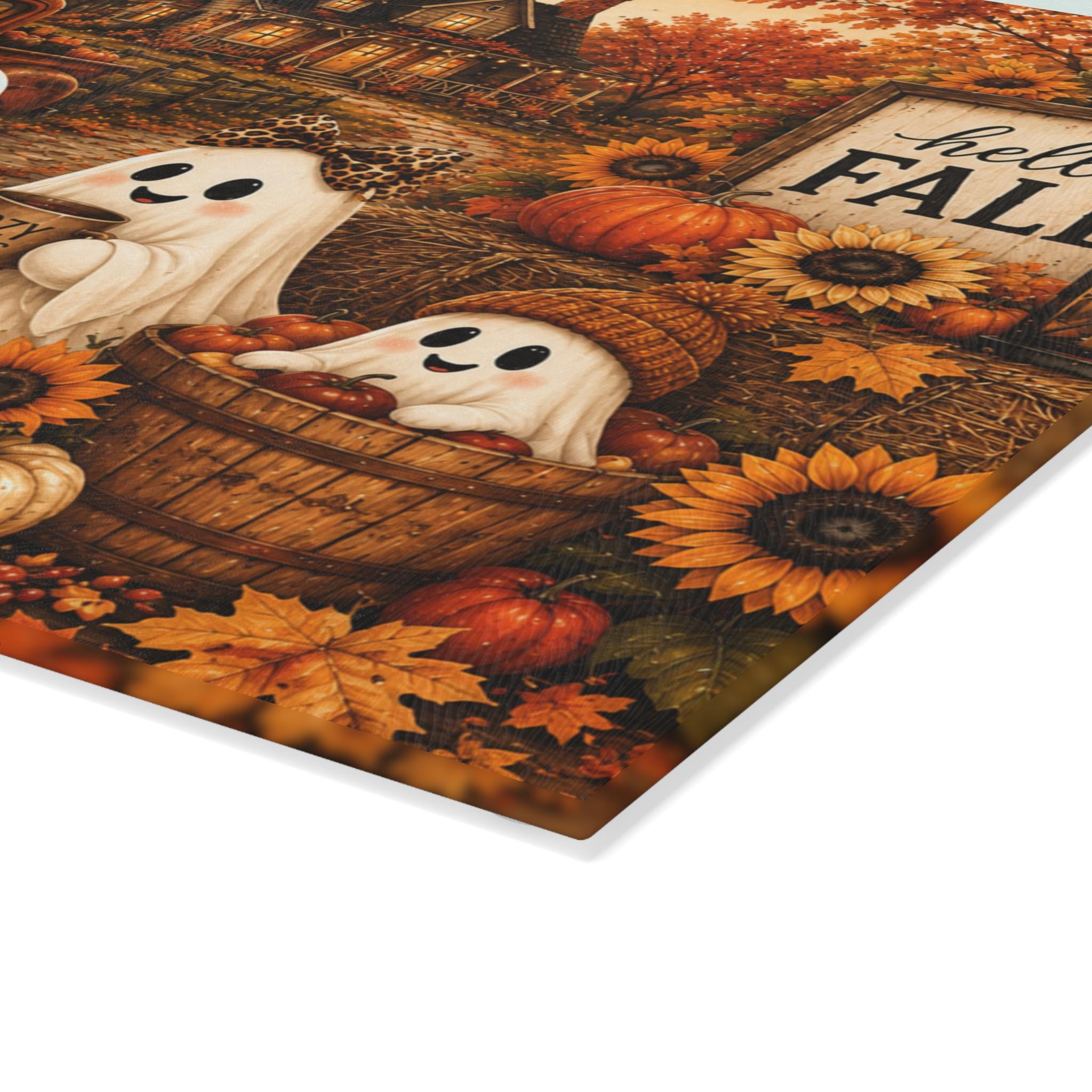 Fall Ghost Scene Glass Cutting Board | Autumn Pumpkins, Sunflowers, Vintage Truck