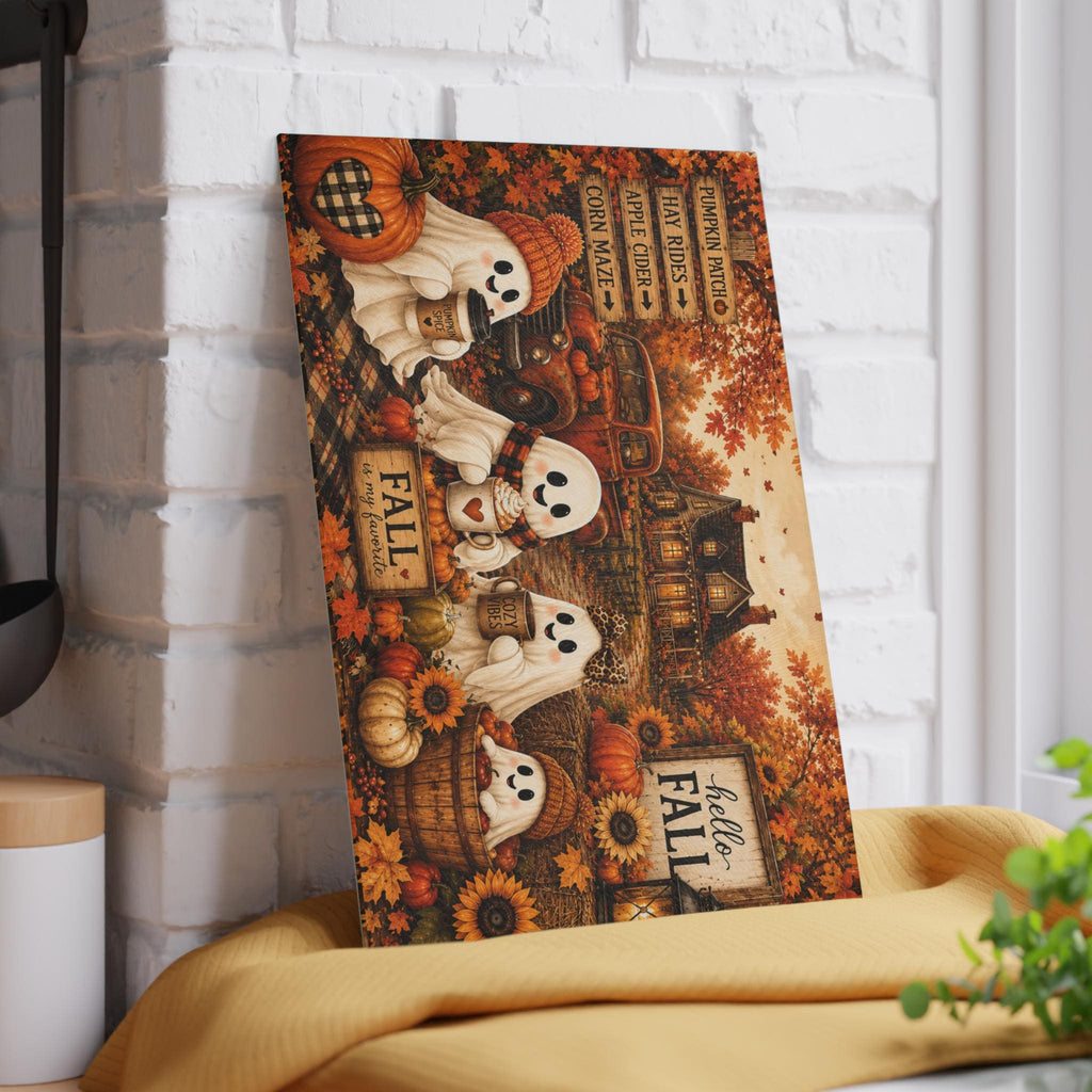 Fall Ghost Scene Glass Cutting Board | Autumn Pumpkins, Sunflowers, Vintage Truck