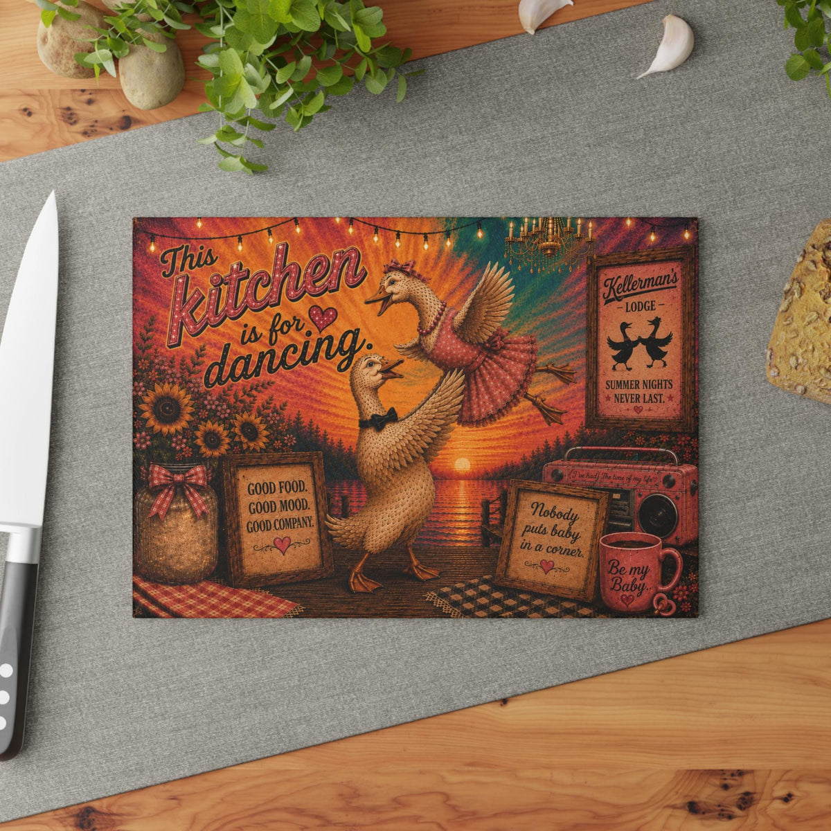 Kitchen Dancing Ducks Glass Cutting Board | Retro Farmhouse Kitchen Decor