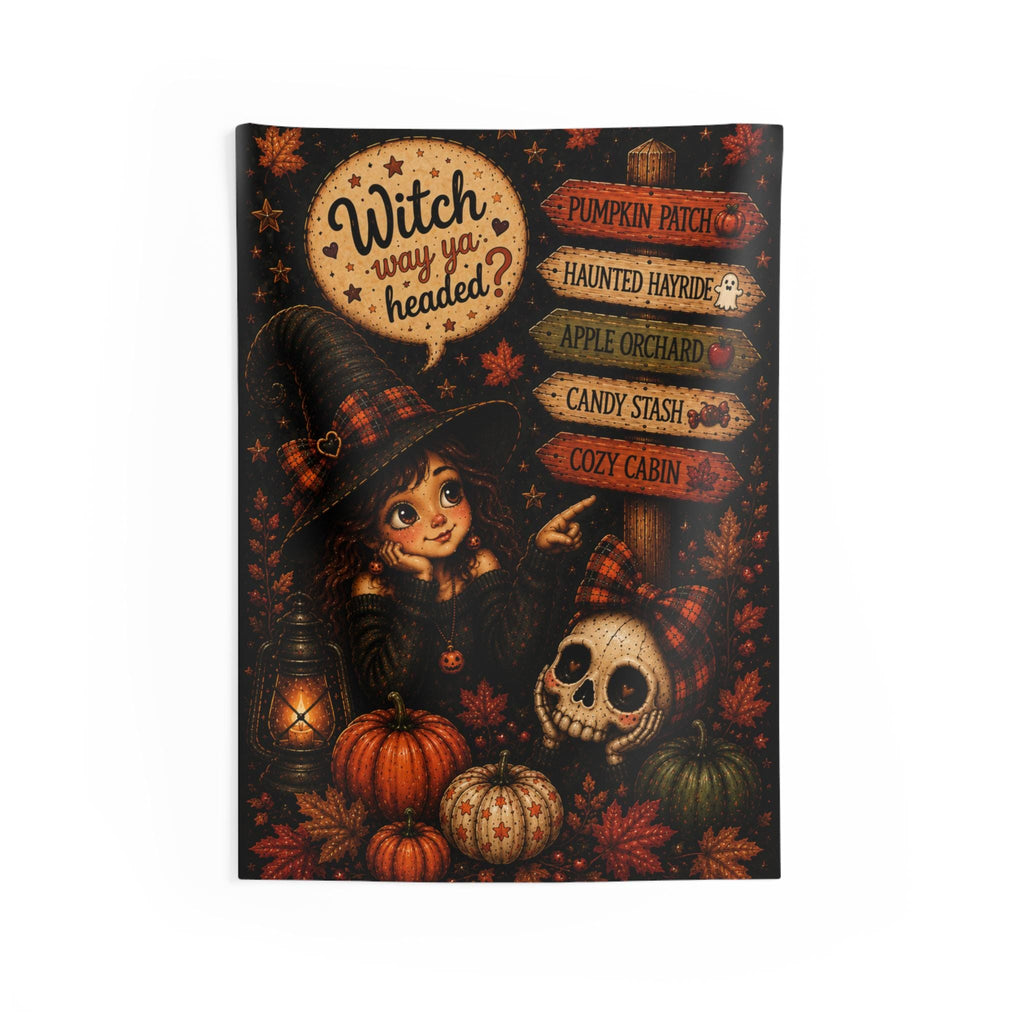 Witch Way Ya Headed? Indoor Wall Tapestry | Halloween Pumpkin Patch Signpost