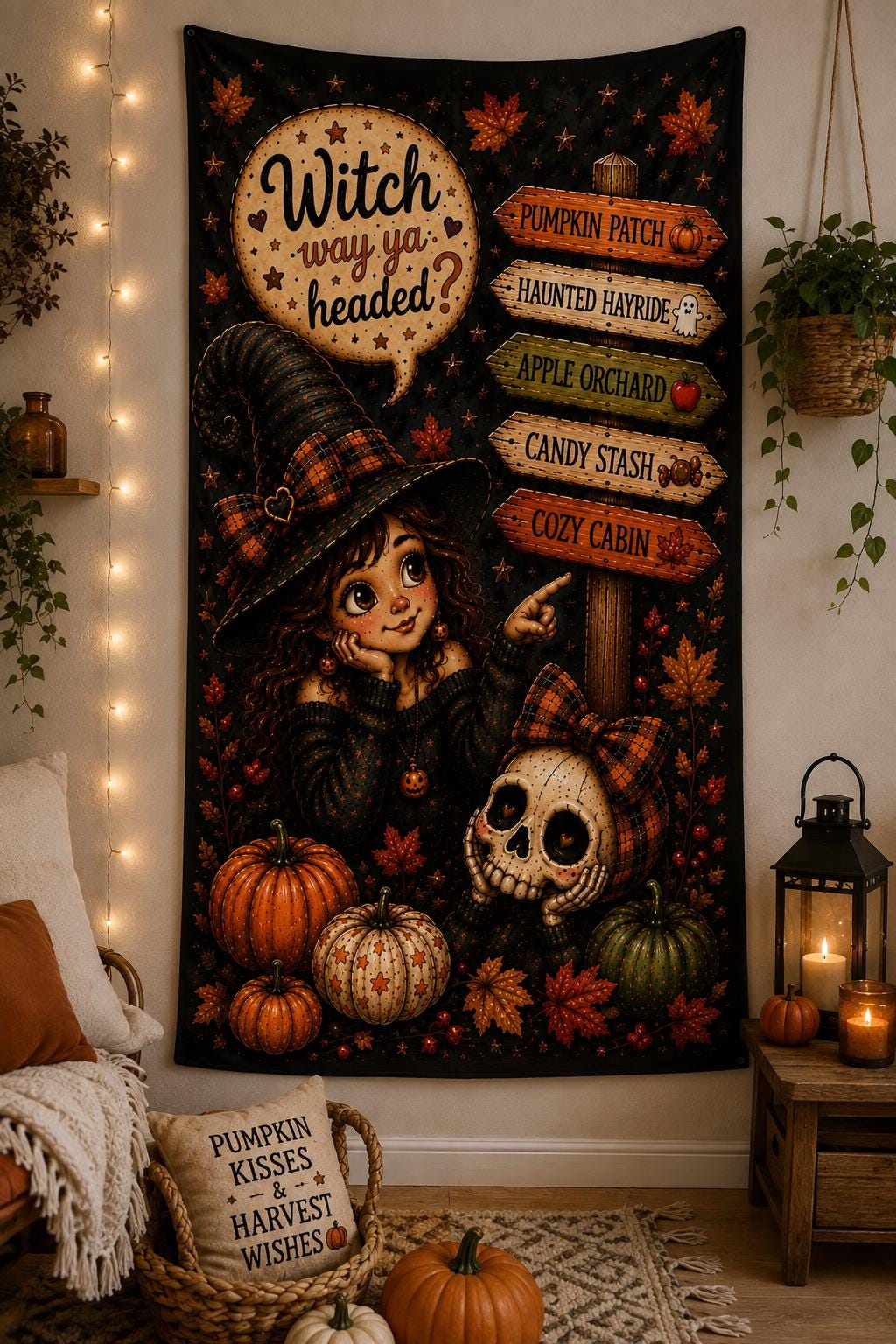 Witch Way Ya Headed? Indoor Wall Tapestry | Halloween Pumpkin Patch Signpost