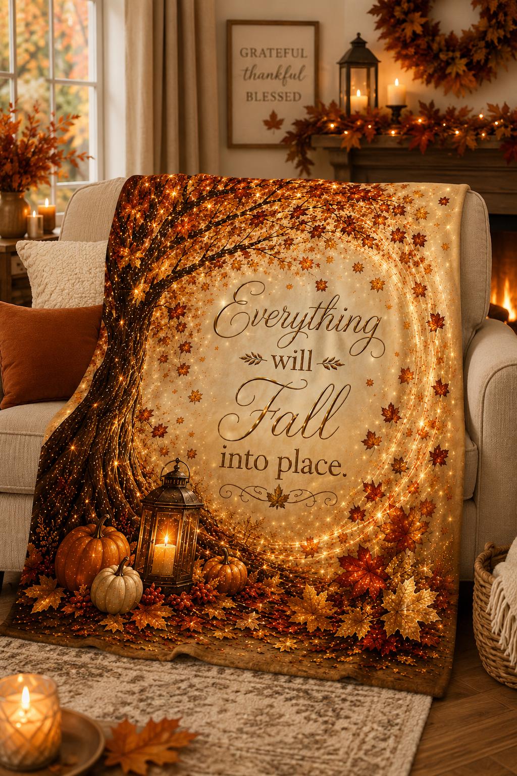 Everything Will Fall Into Place blanket | Autumn leaves, cozy fall quote velveteen plush