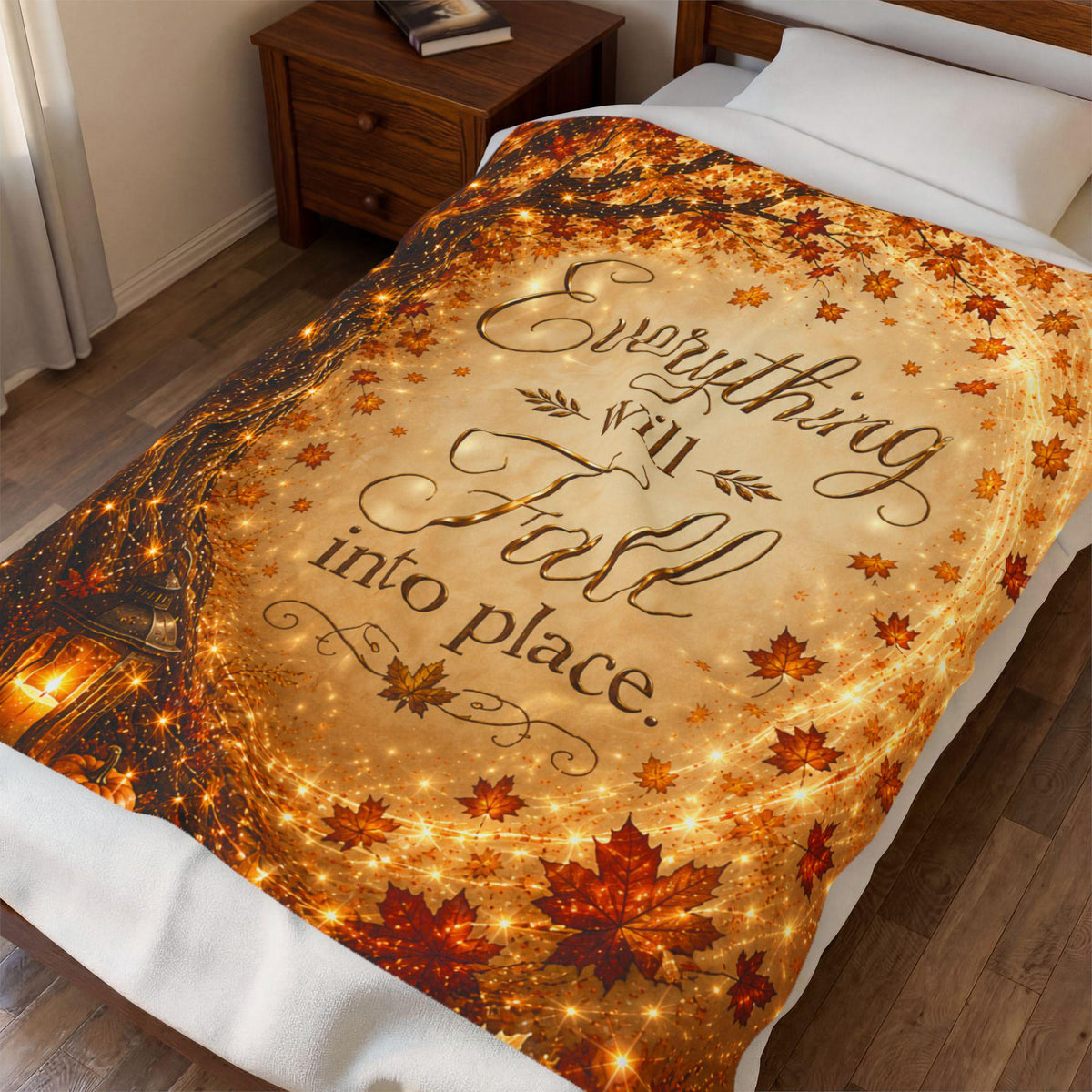 Everything Will Fall Into Place blanket | Autumn leaves, cozy fall quote velveteen plush