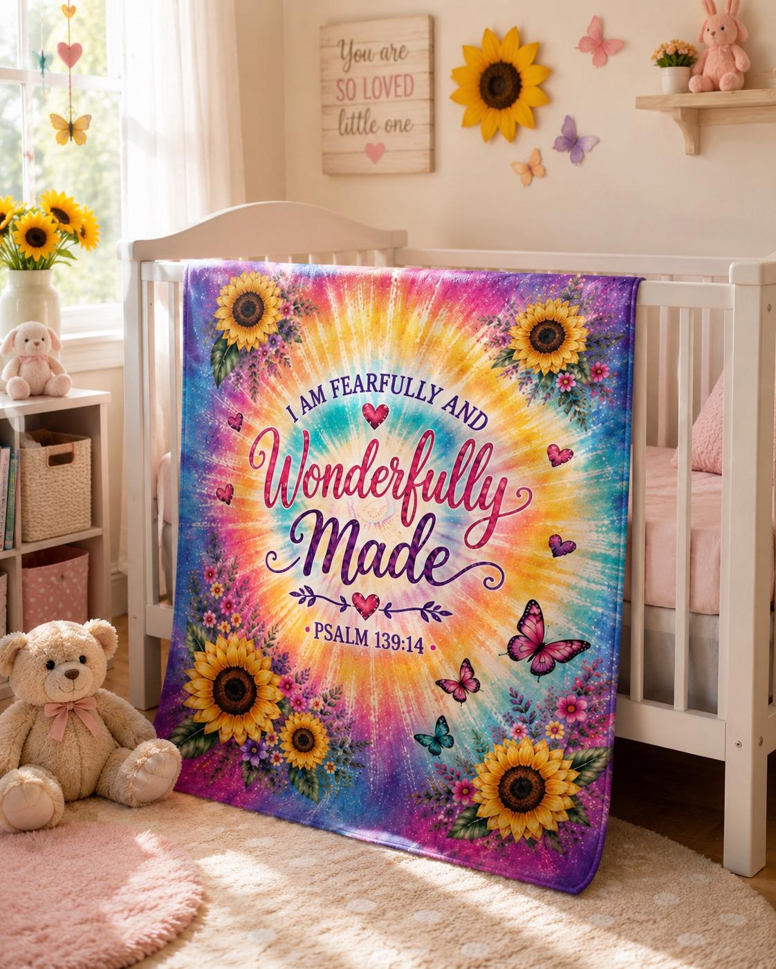 Wonderfully Made Psalm 139:14 Baby Blanket | Tie-Dye Sunflower Christian Nursery