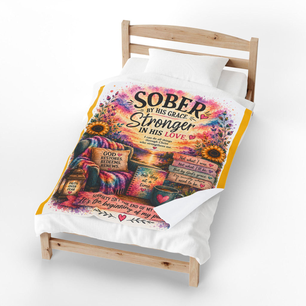 Sober By His Grace inspirational quote Velveteen Plush Blanket | recovery faith decor