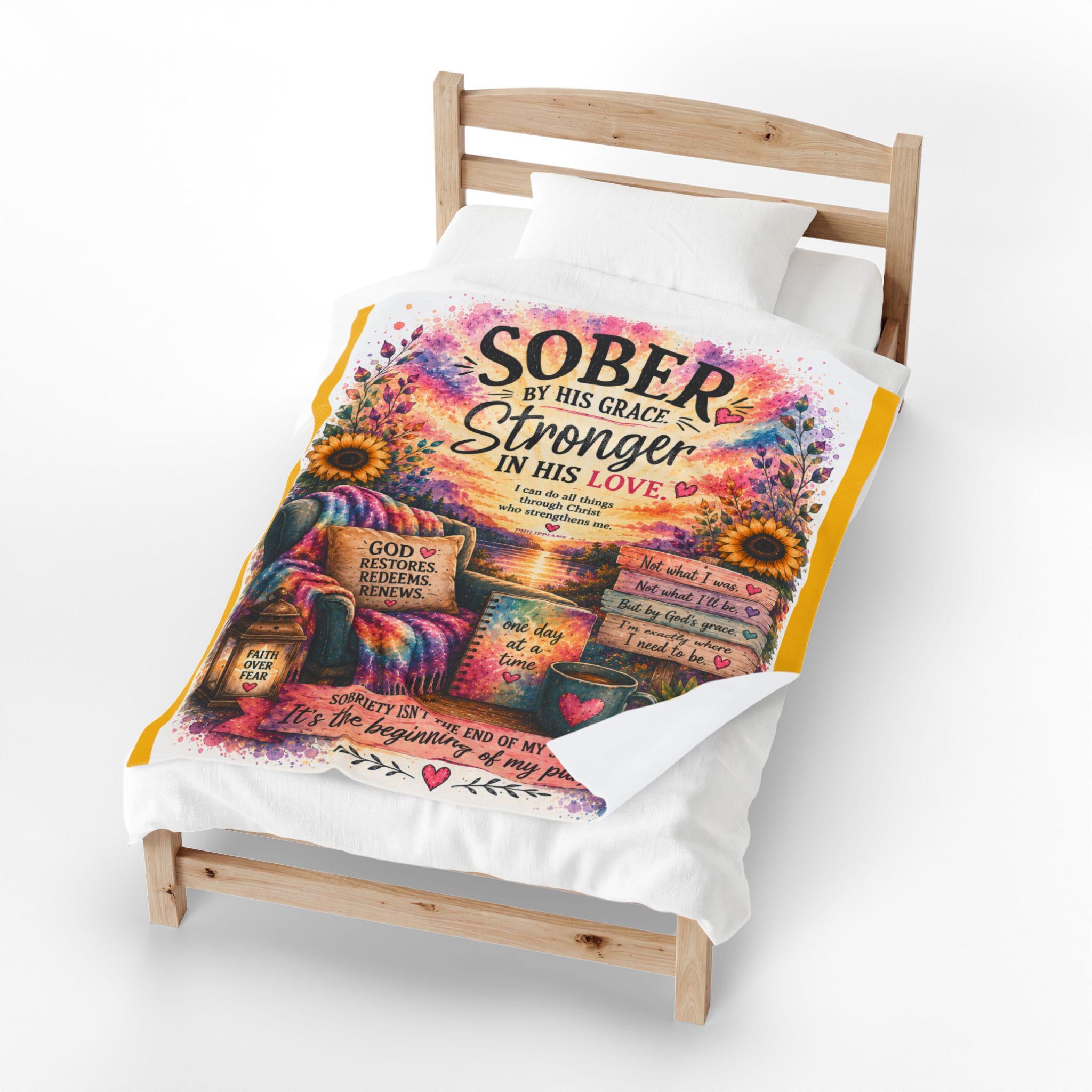 Sober By His Grace inspirational quote Velveteen Plush Blanket | recovery faith decor
