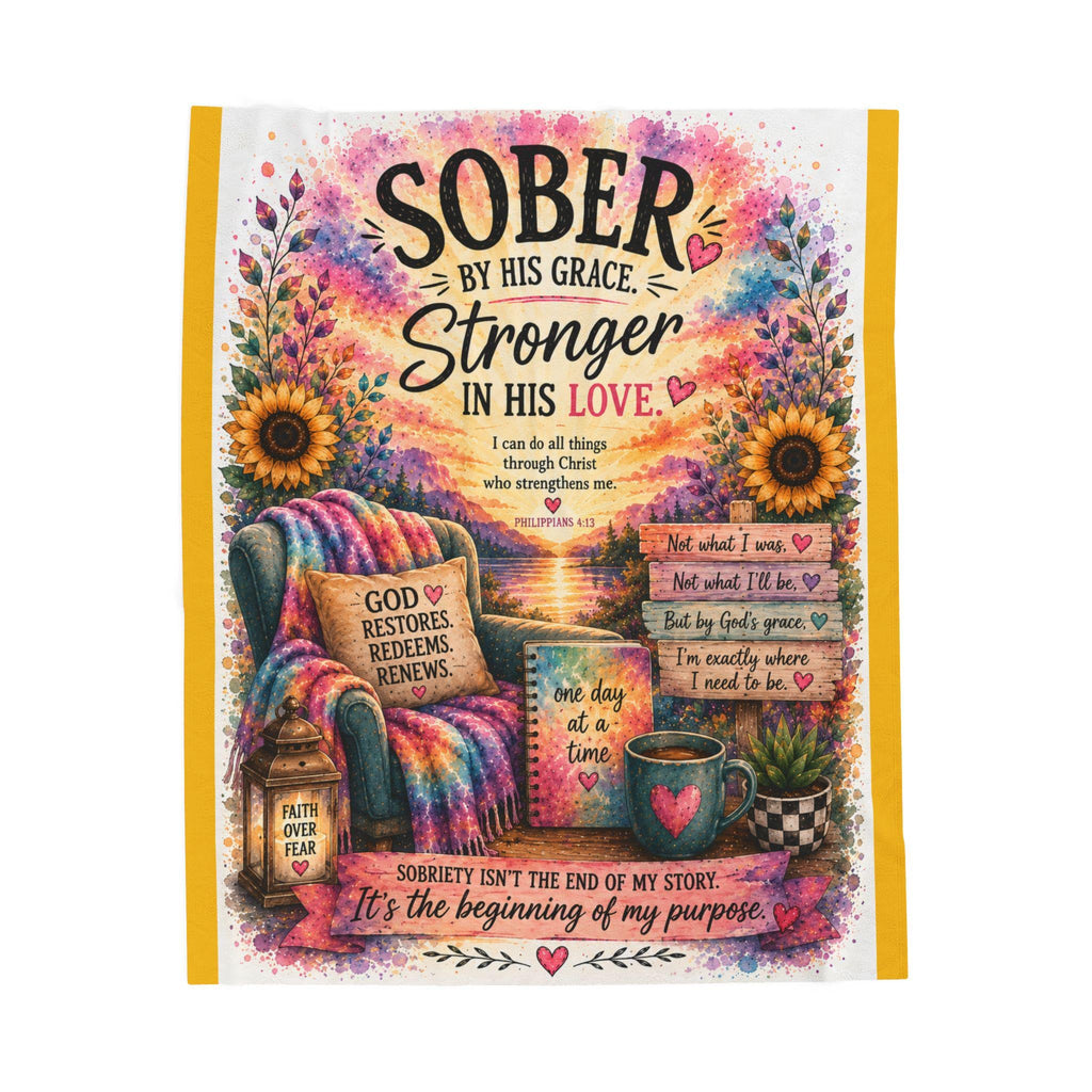 Sober By His Grace inspirational quote Velveteen Plush Blanket | recovery faith decor