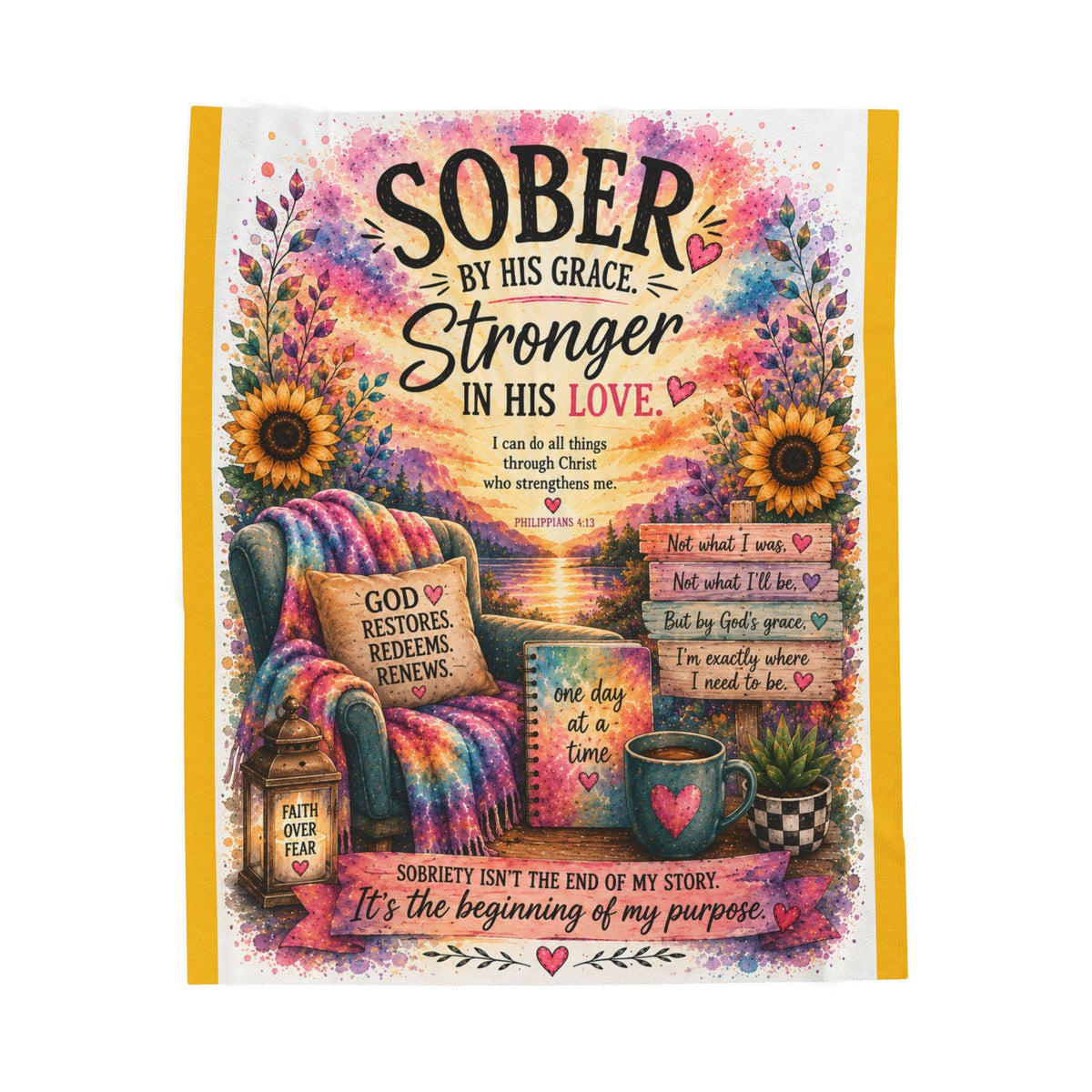 Sober By His Grace inspirational quote Velveteen Plush Blanket | recovery faith decor