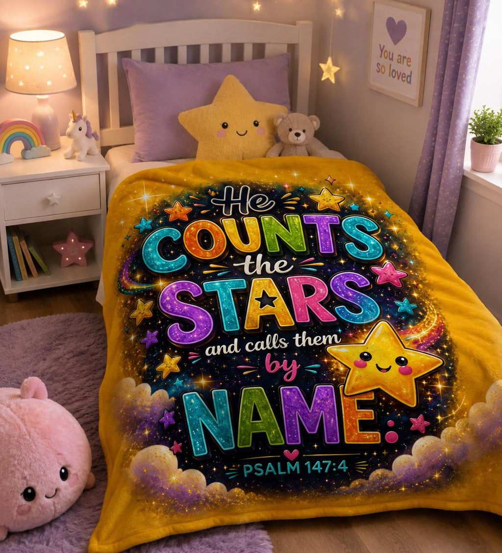He Counts the Stars Psalm 147:4 Velveteen Blanket | Whimsical Star Scripture Throw