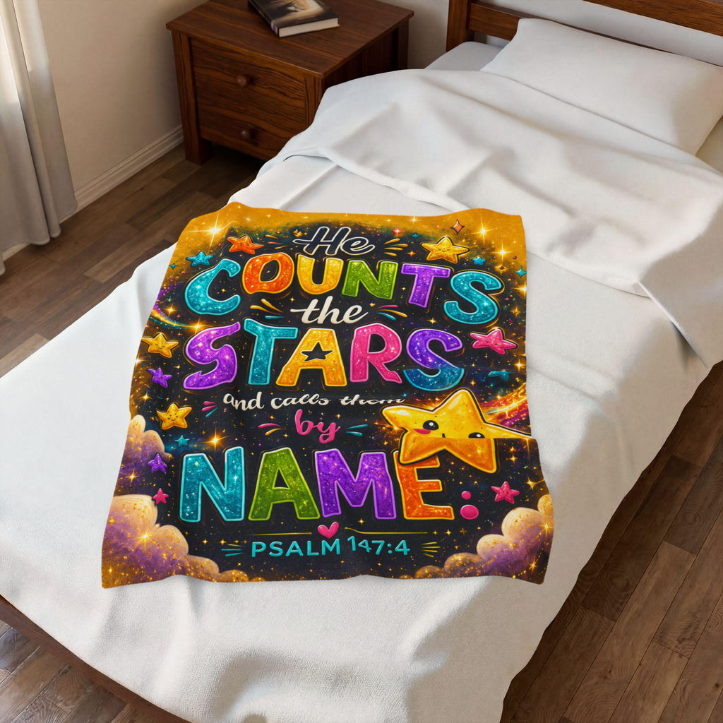 He Counts the Stars Psalm 147:4 Velveteen Blanket | Whimsical Star Scripture Throw
