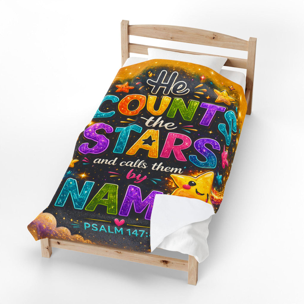 He Counts the Stars Psalm 147:4 Velveteen Blanket | Whimsical Star Scripture Throw