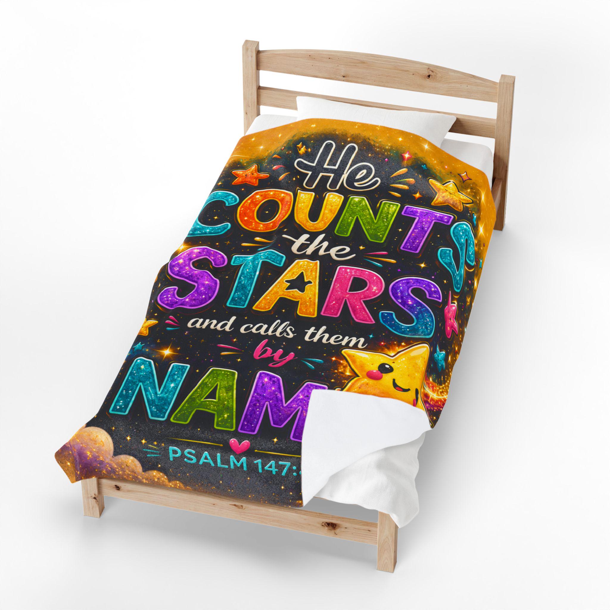 He Counts the Stars Psalm 147:4 Velveteen Blanket | Whimsical Star Scripture Throw