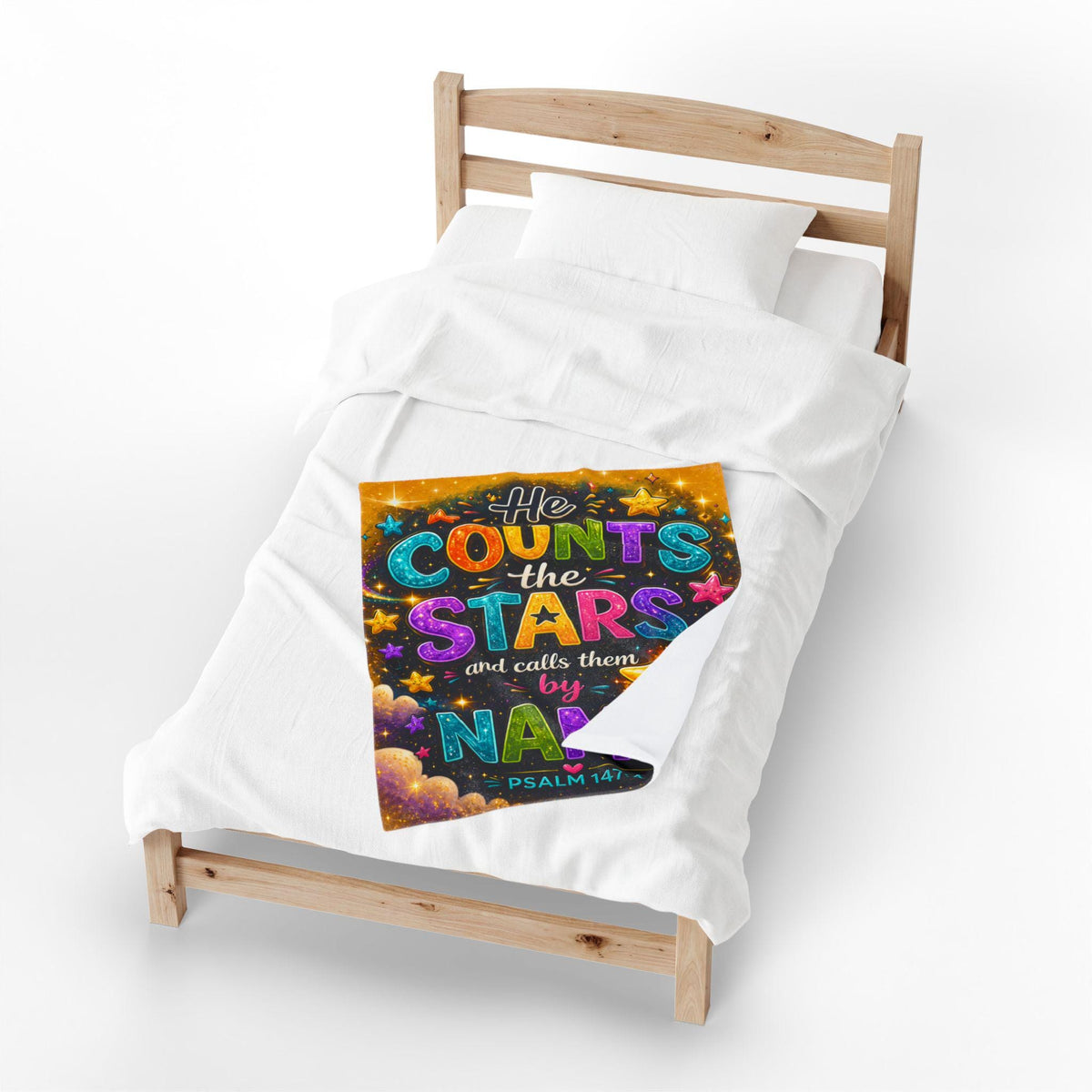 He Counts the Stars Psalm 147:4 Velveteen Blanket | Whimsical Star Scripture Throw