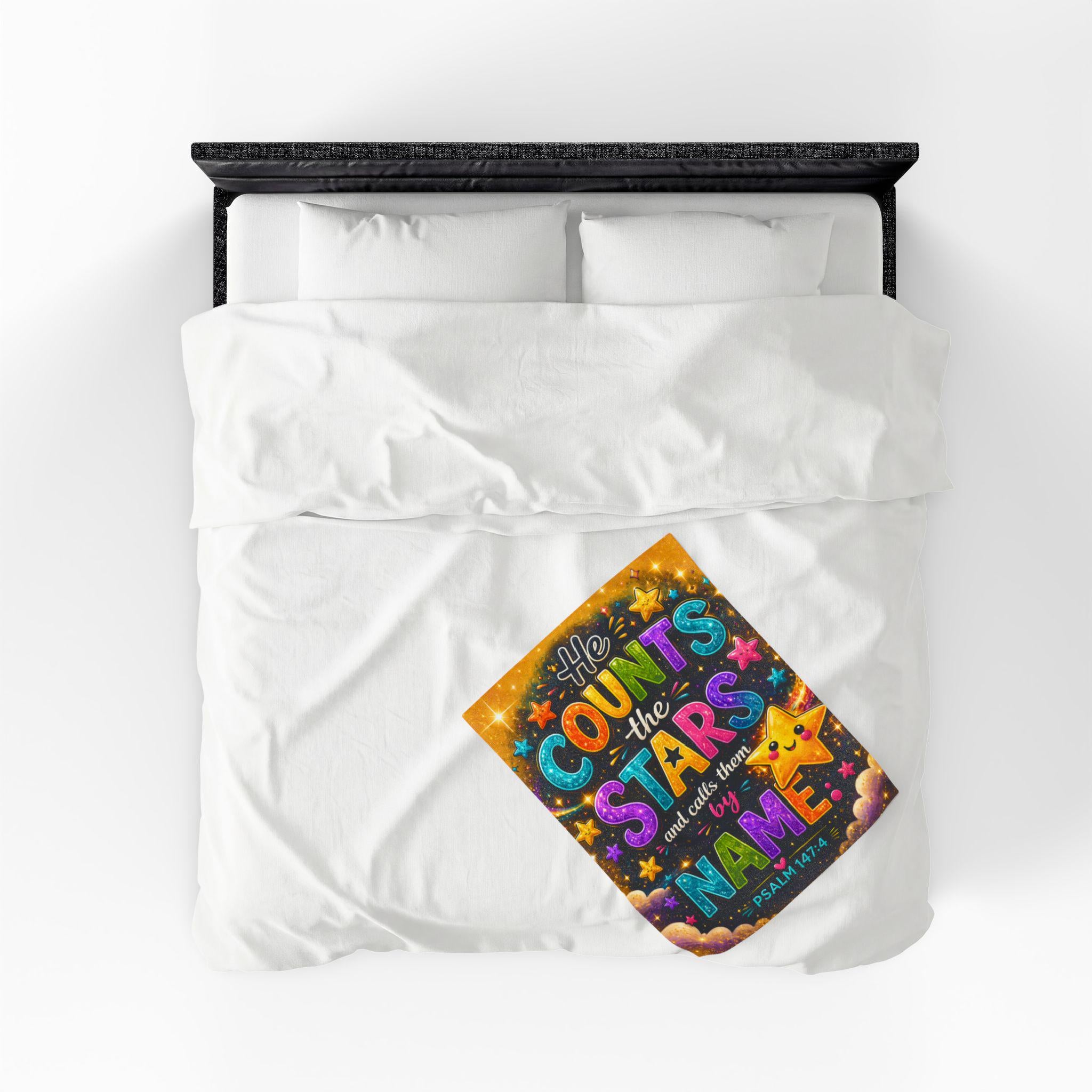 He Counts the Stars Psalm 147:4 Velveteen Blanket | Whimsical Star Scripture Throw
