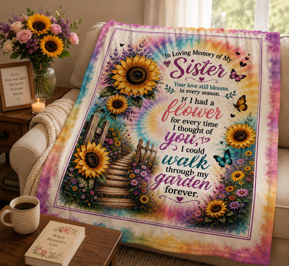 In Loving Memory of My Sister Velveteen Plush Blanket | Sunflowers, Garden Memorial Quote