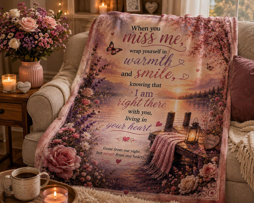 When You Miss Me Sympathy Quote Velveteen Plush Blanket | Lake Sunset Memorial Throw