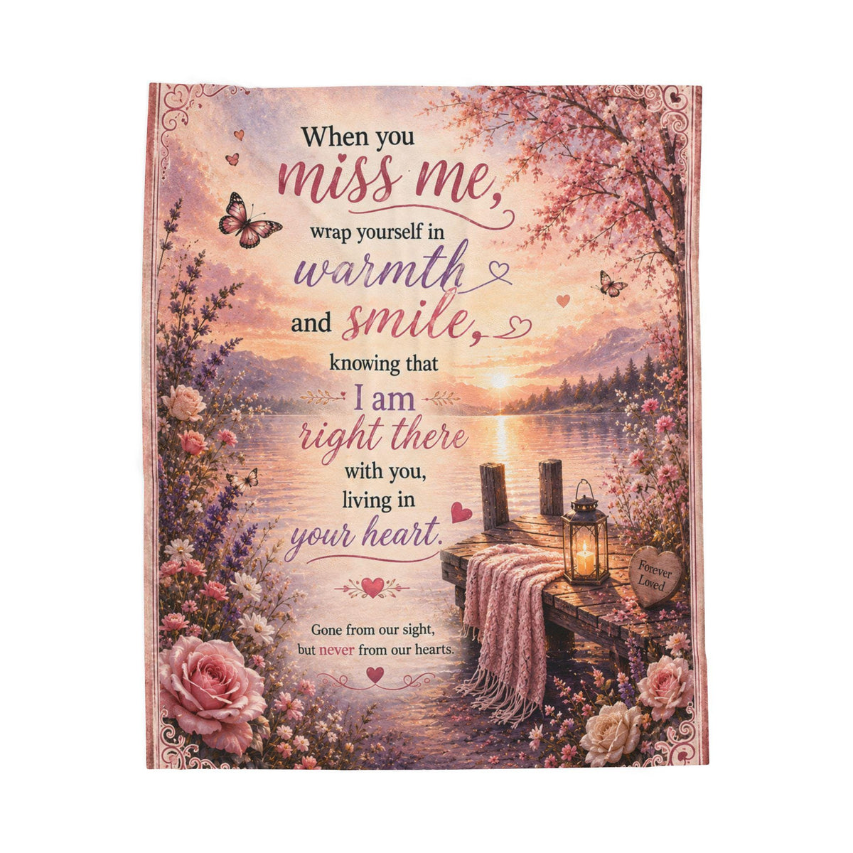 When You Miss Me Sympathy Quote Velveteen Plush Blanket | Lake Sunset Memorial Throw