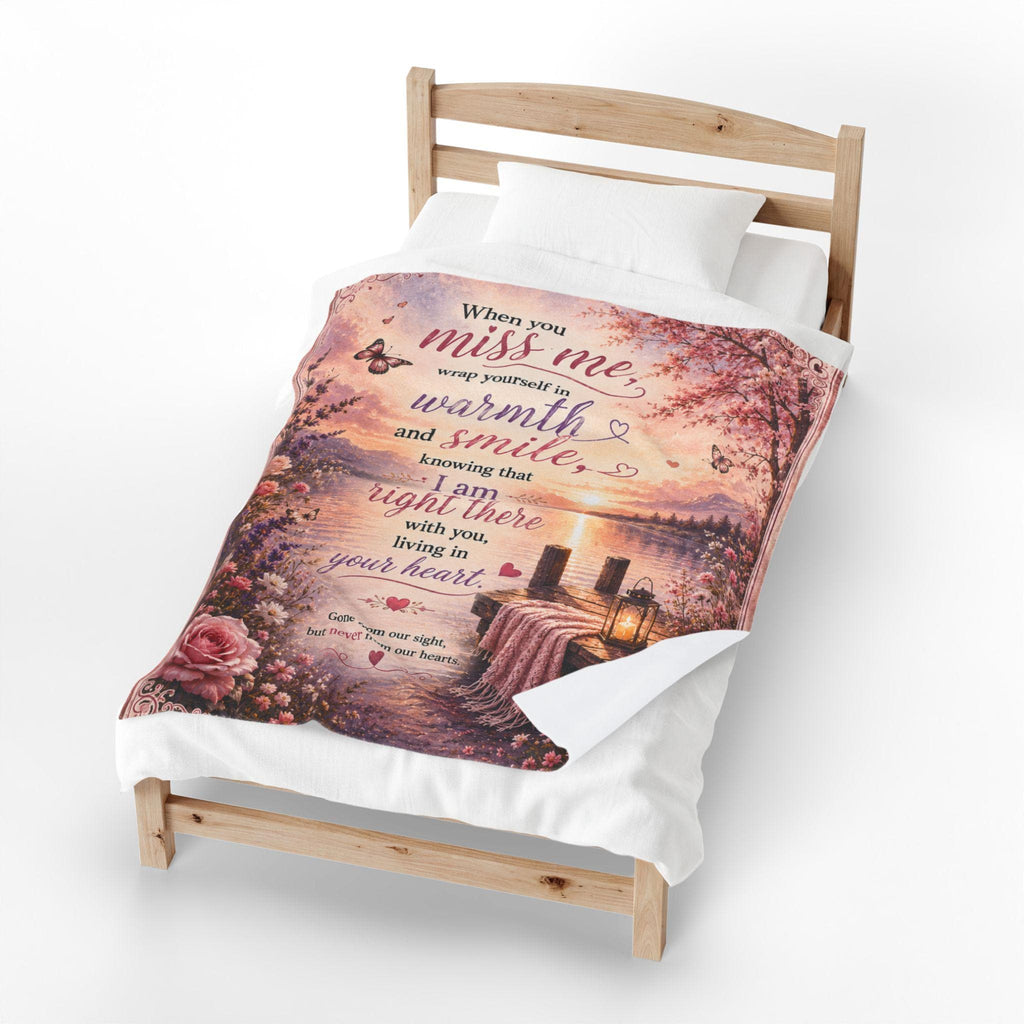 When You Miss Me Sympathy Quote Velveteen Plush Blanket | Lake Sunset Memorial Throw