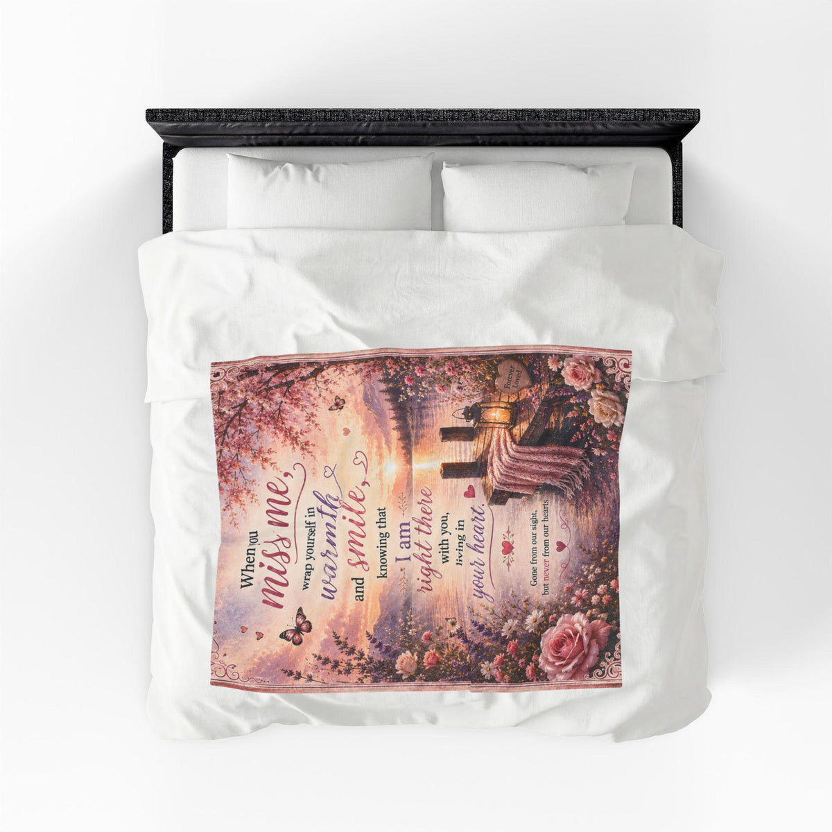 When You Miss Me Sympathy Quote Velveteen Plush Blanket | Lake Sunset Memorial Throw