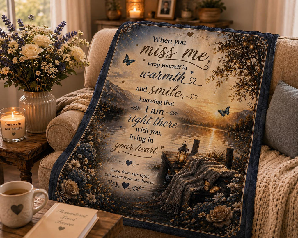 When You Miss Me Quote Velveteen Plush Blanket | Lakeside Sunset Comfort Throw
