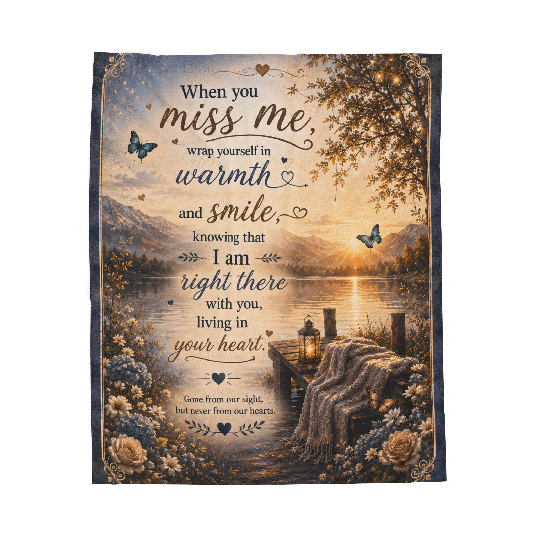 When You Miss Me Quote Velveteen Plush Blanket | Lakeside Sunset Comfort Throw