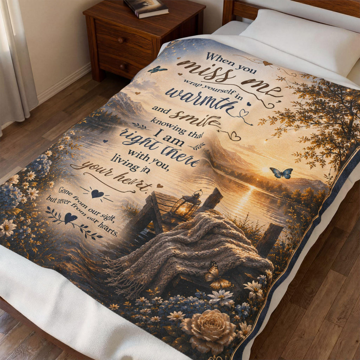 When You Miss Me Quote Velveteen Plush Blanket | Lakeside Sunset Comfort Throw