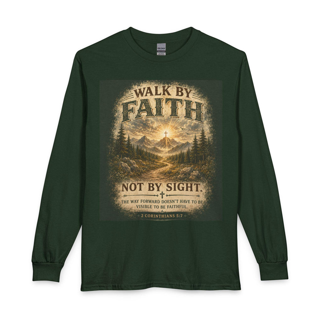 Walk By Faith scenic cross mountain long sleeve T-Shirt | Christian inspirational