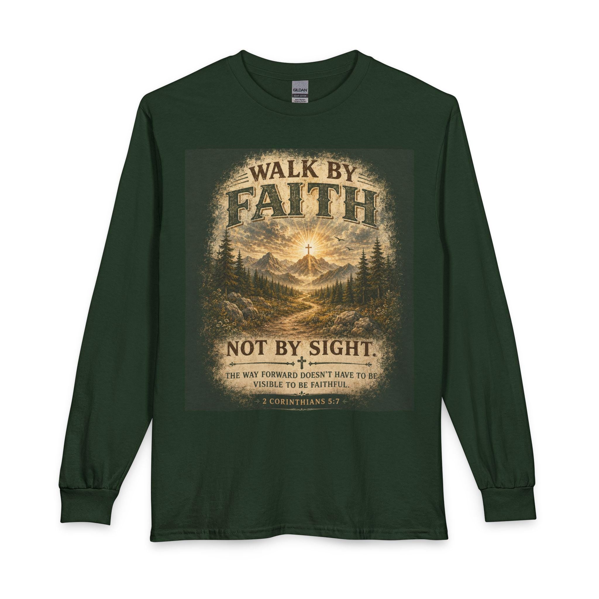 Walk By Faith scenic cross mountain long sleeve T-Shirt | Christian inspirational