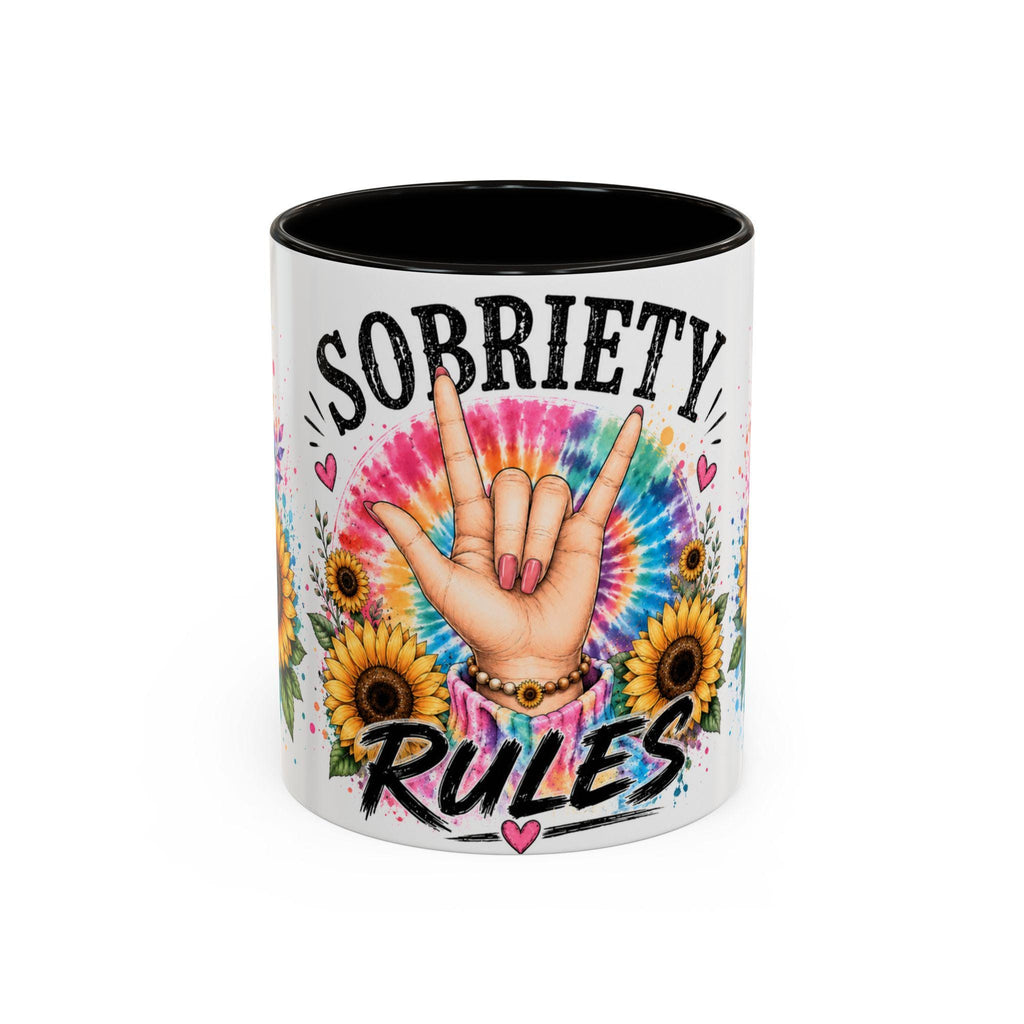 Sobriety Rules Mug | Tie Dye Sunflowers, Hand Sign Coffee Cup