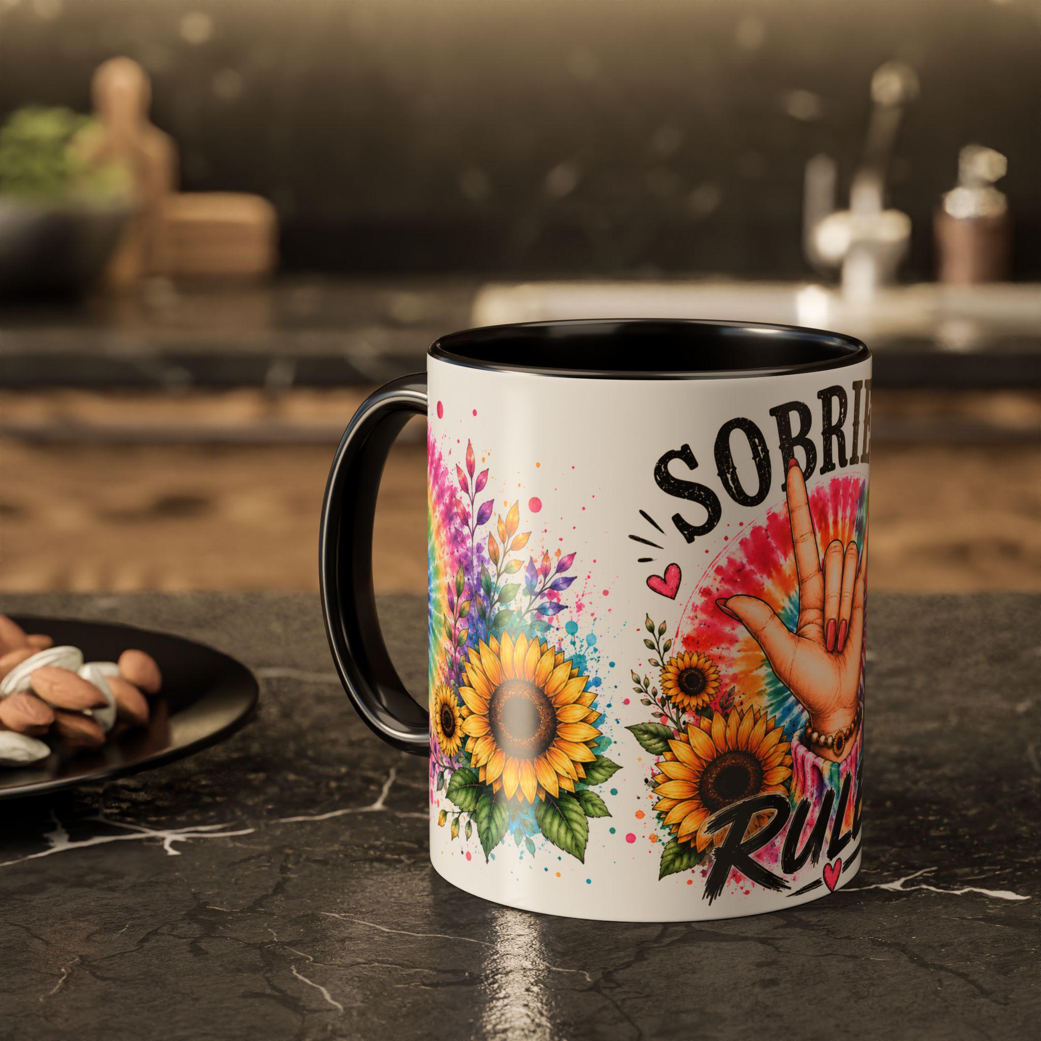 Sobriety Rules Mug | Tie Dye Sunflowers, Hand Sign Coffee Cup