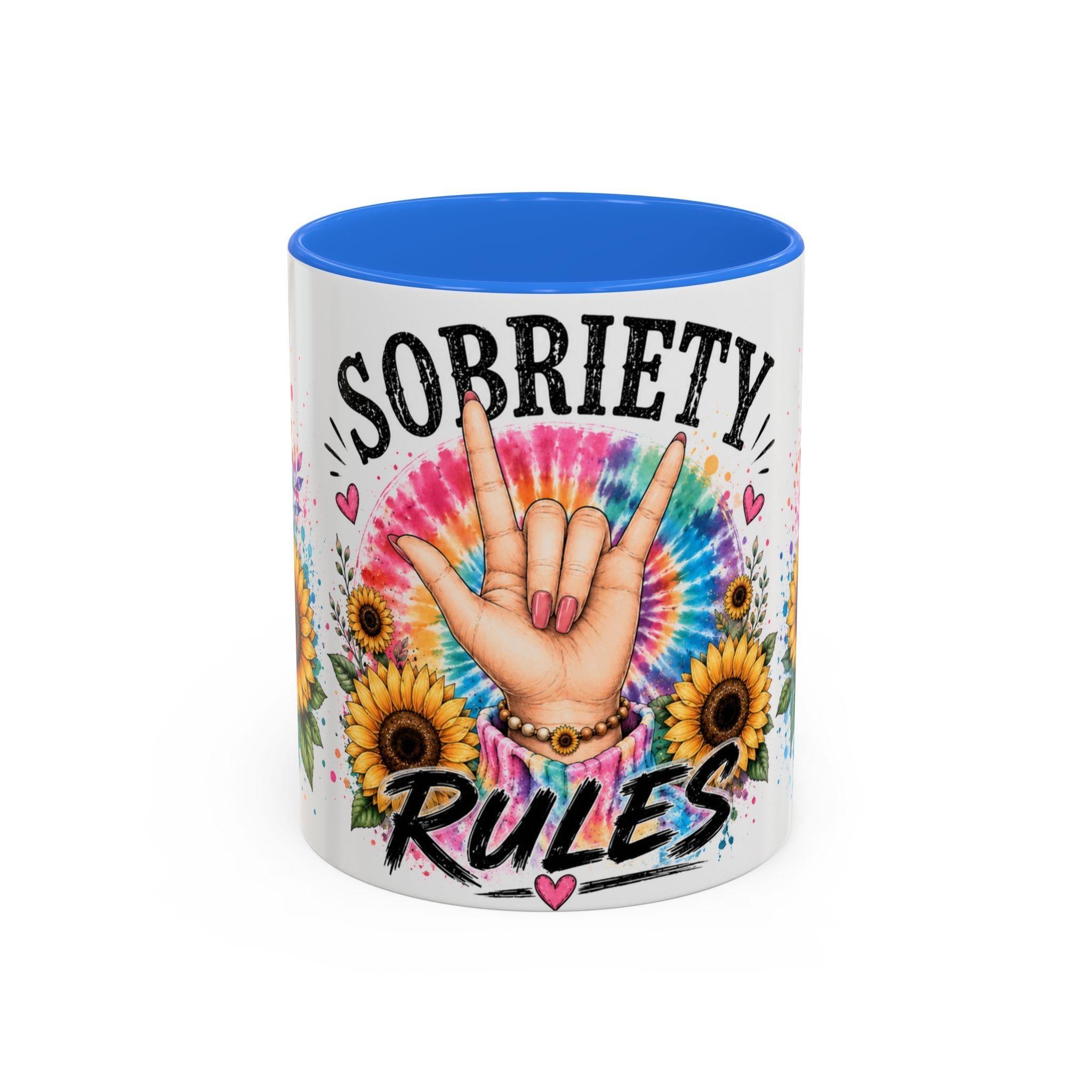 Sobriety Rules Mug | Tie Dye Sunflowers, Hand Sign Coffee Cup