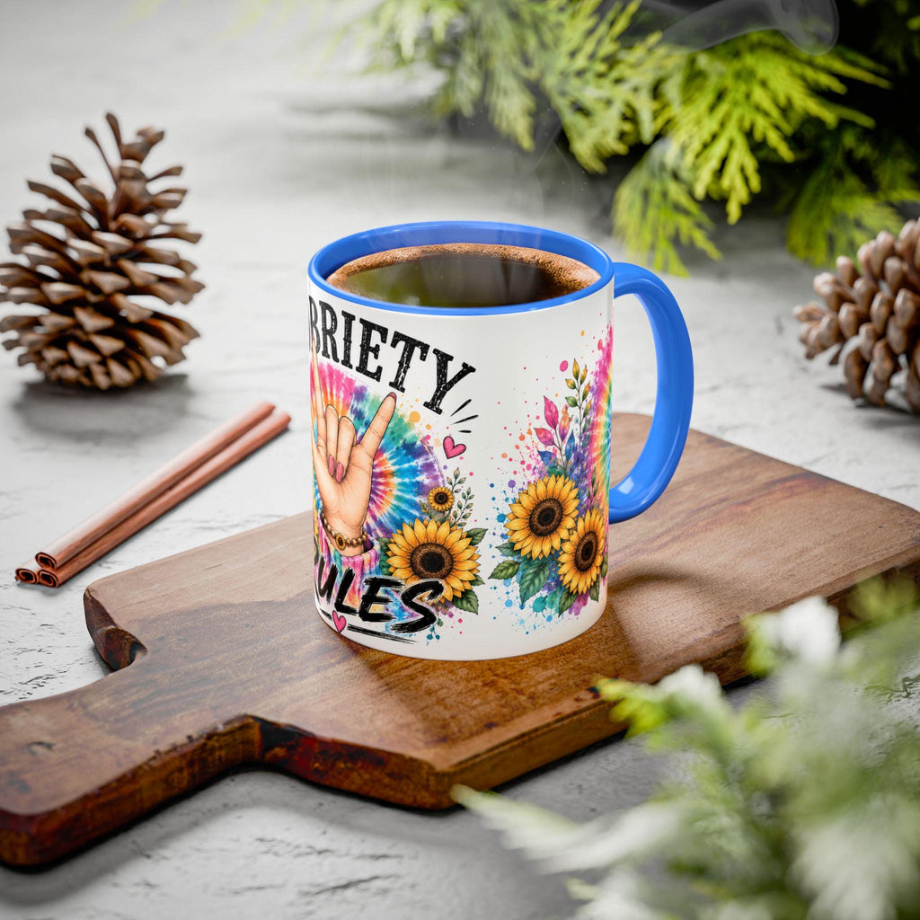 Sobriety Rules Mug | Tie Dye Sunflowers, Hand Sign Coffee Cup