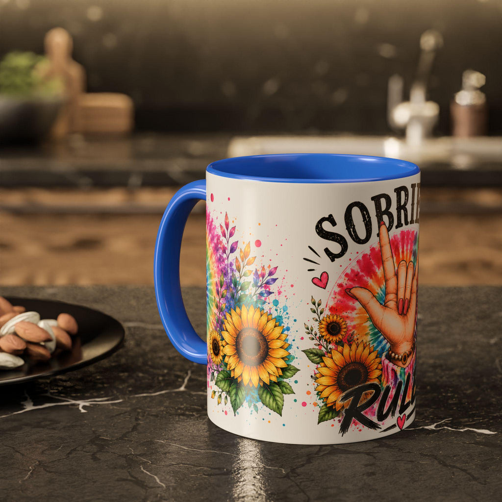 Sobriety Rules Mug | Tie Dye Sunflowers, Hand Sign Coffee Cup