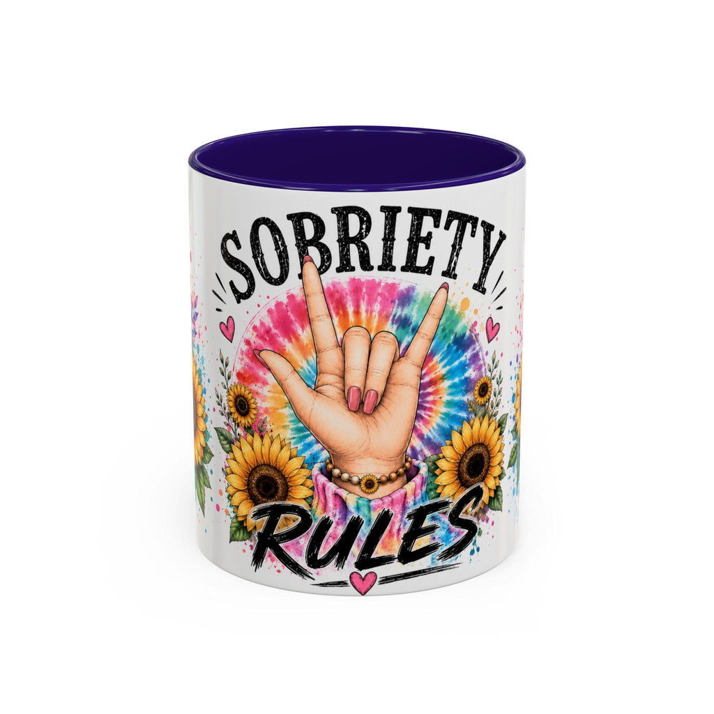 Sobriety Rules Mug | Tie Dye Sunflowers, Hand Sign Coffee Cup